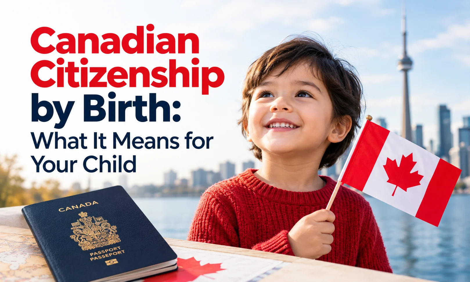 Smiling child holding a Canadian flag beside a passport, with a city skyline in the background, promoting citizenship by birth.